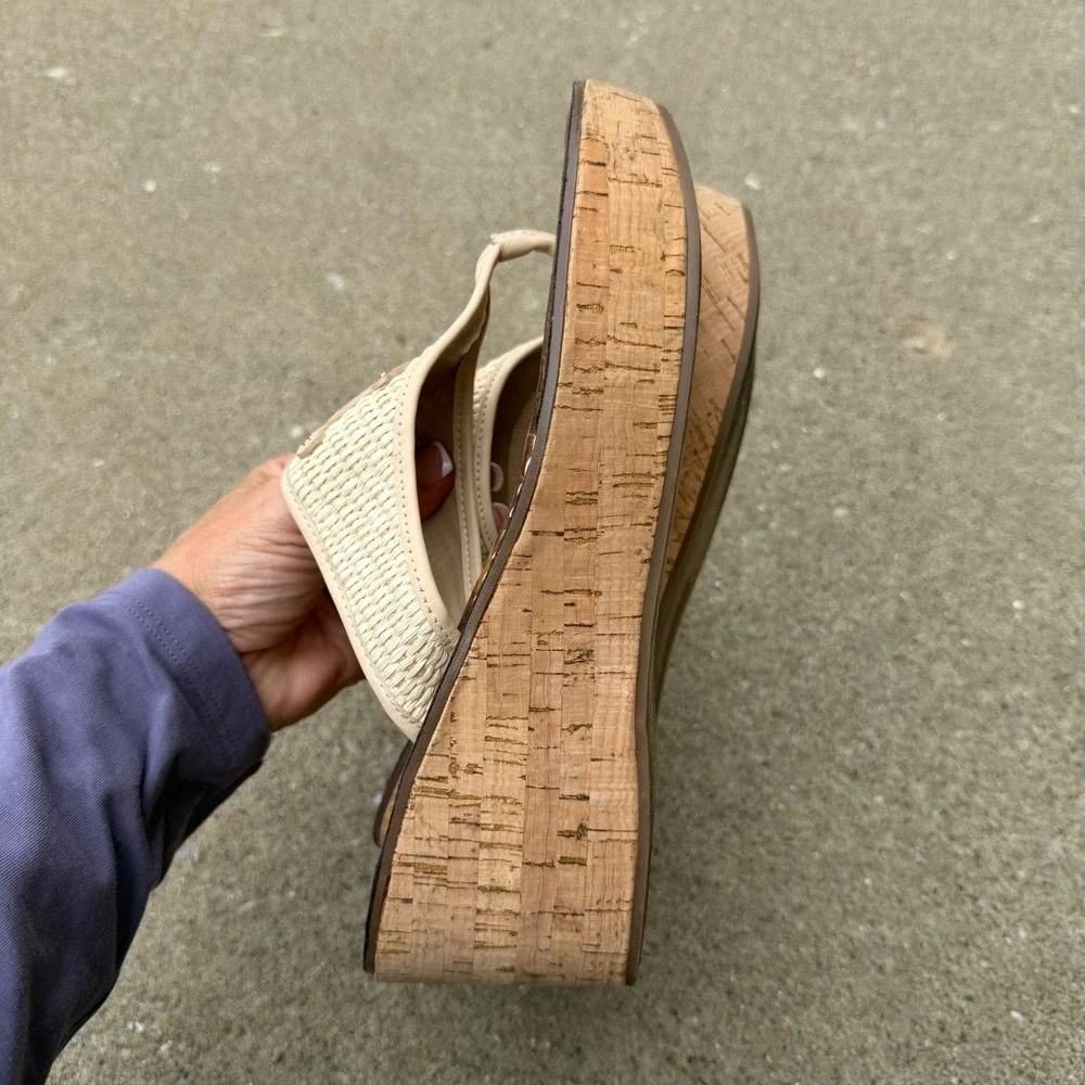 Sam Edelman Ruth Cream Woven Cork Wedge Platform Thong Sandals Womens 9 M EU 40